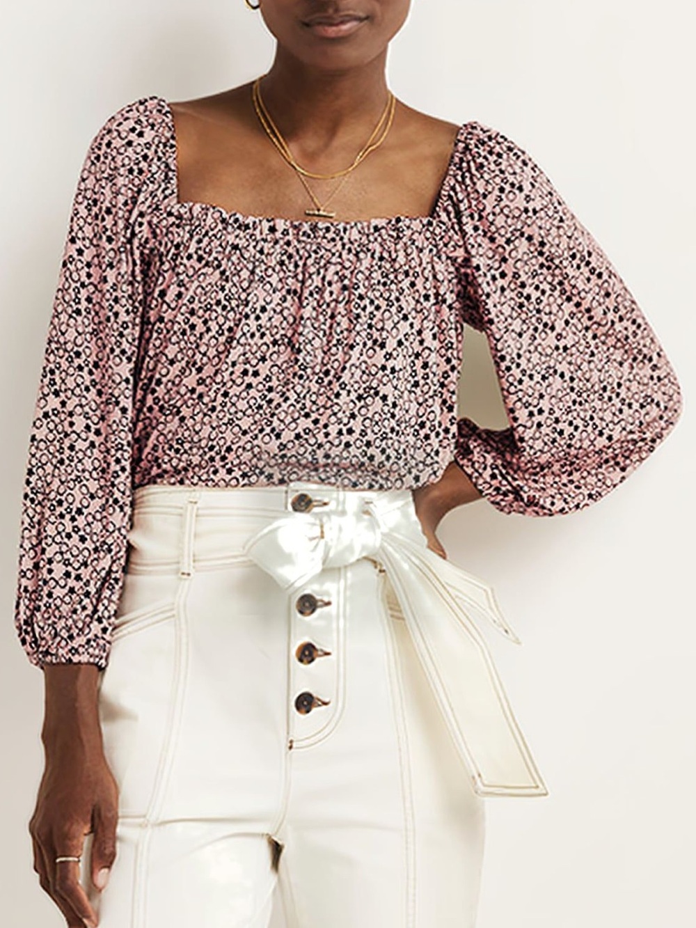 Boden Square neck swing jersey top pink print size 6